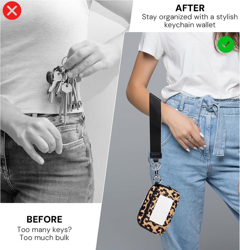 YDF Keychain Wallet for Women Mini Zip Card Holder with ID Window Coin Purse Detachable Wristlet Small Wallets Yellow Leopard - Image 3